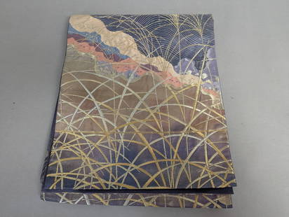 Fukuro Obi with Metallic Design in Purple and Gold: Fukuro obi crafted with rich fabric featuring an abstract design in purple, gold, and multi-color tones. The fabric incorporates metallic threadwork with intricate patterns of arcs, lines, and texture