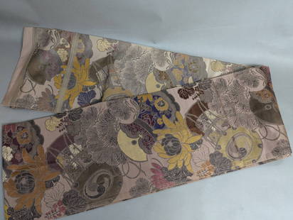 Maru Obi Vintage Silk Japanese with Floral and Abstract Motifs: A vintage Maru obi crafted from silk with intricate floral and abstract motifs in a blend of colors, including gold, yellow, and purple. Measuring 13 inches in width and 172 inches in length, this Jap