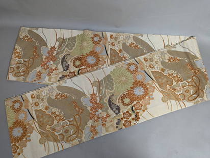 Japanese Maru Obi Silk Textile with Floral and Fan Motifs: A Japanese Maru Obi featuring a combination of intricate floral and fan motifs. Measuring 11 3/4 inches in height and 149 3/4 inches in length, this silk textile incorporates traditional designs such