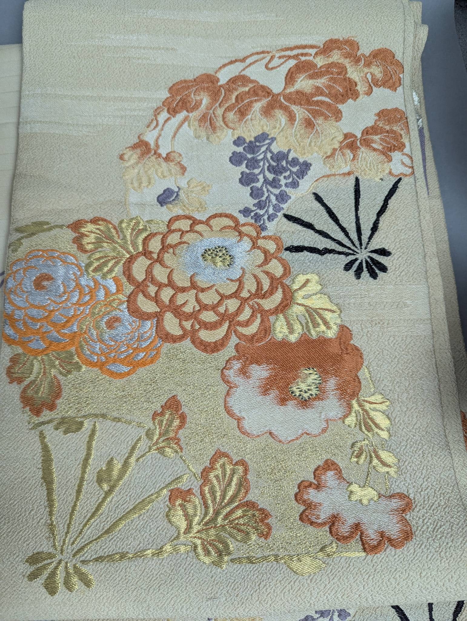6 Assorted Polyester and Silk Japanese Obi for Fabric Use: Six assorted Japanese obi made of polyester and silk, each measuring approximately 128 inches in length and 12 inches in width. The collection features various designs such as floral patterns, seasona