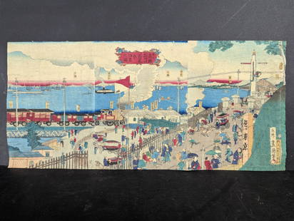 Japanese Woodblock PrintÂ Shinagawa Rail Road StationÂ by Utagawa Kunisada II 19: Original 19th-century Japanese woodblock print on creped chirimen paper measuring 17.5 inches in height and 8 inches in width. The artwork exhibits minor creasing, typical of its age. This piece is at