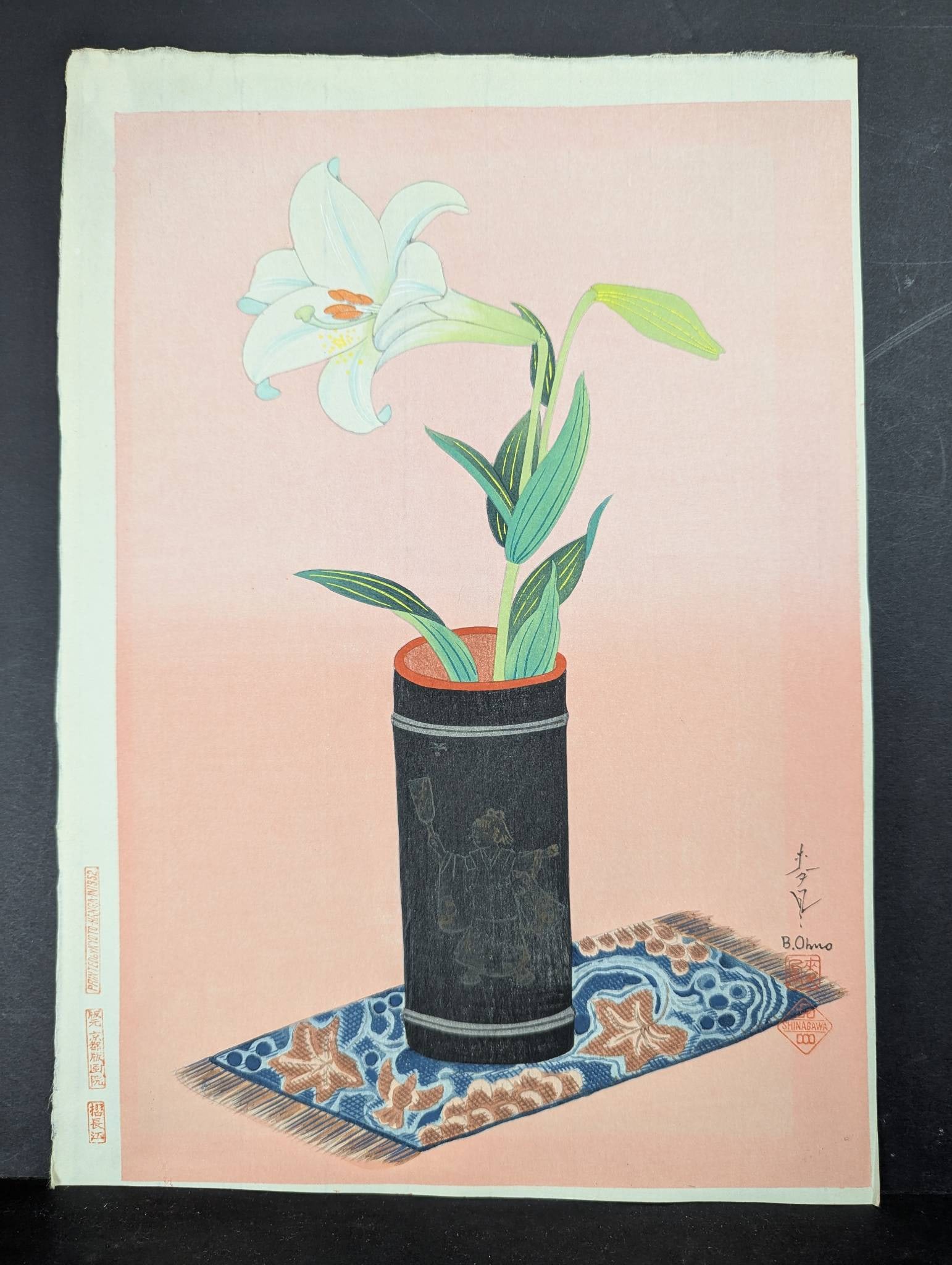 Japanese Woodblock Print Lily in Bamboo Vase by Bakufu Ohno (1 of 10)