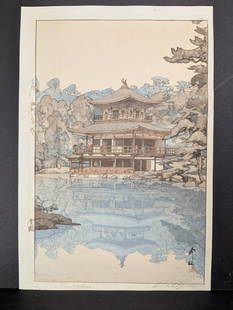 Japanese Woodblock Print Golden Pavilion by Hiroshi Yoshida: Japanese Woodblock Print titled Golden Pavilion created by Hiroshi Yoshida (1876-1950). The piece is pencil signed and features the jizuri seal, signifying it was self-published by the artist. Dimensi