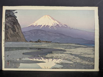 Japanese Woodblock Print Fujiyama from Okitsu by Hiroshi Yoshida 1928: Japanese woodblock print titled Fujiyama from Okitsu by Hiroshi Yoshida, originally created in 1928. This print is part of his Ten Views of Mount Fuji series and depicts a serene view of Mount Fuji as