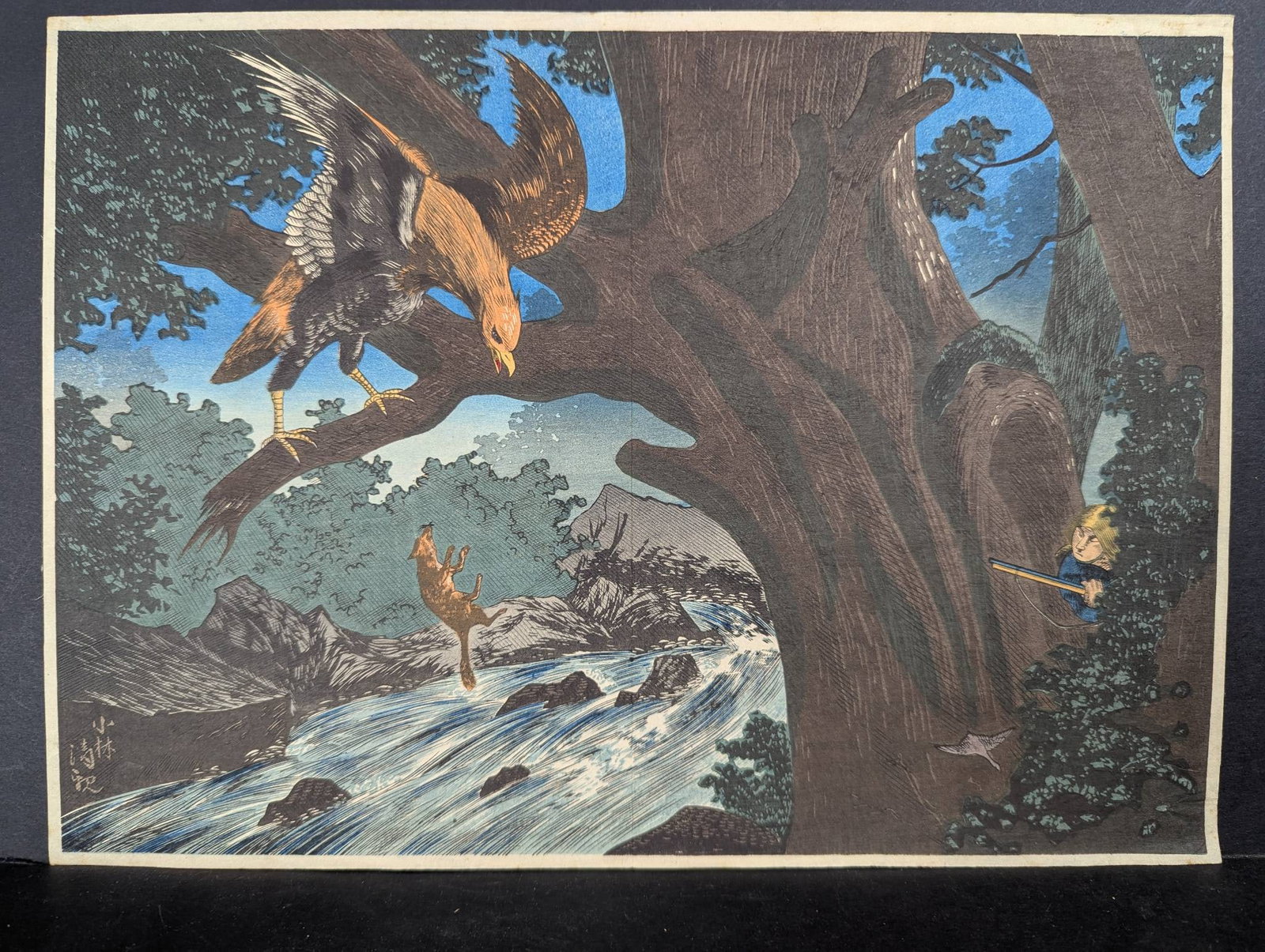 Japanese Woodblock Print by Kobayashi Kiyochika Depicting Hunter and Hawk: Japanese woodblock print titled Hunter Spying a Hawk by Kobayashi Kiyochika. The artwork is a single sheet reformatted diptych, originally composed of two separate prints seamlessly joined together, s