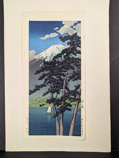 Japanese Woodblock Print Lake Kawaguchi by Kawase Hasui: This Japanese woodblock print, titled Lake Kawaguchi (Kawaguchiko), was created by the renowned artist Kawase Hasui in 1932. It depicts a serene landscape of Lake Kawaguchi, one of the famous Fuji Fiv