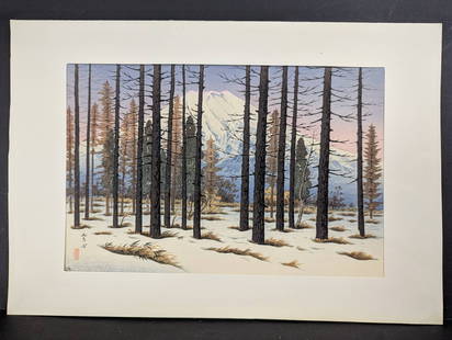 Japanese Woodblock Print Mt Fuji from Yamanaka by Ito Takashi: Japanese woodblock print titled Mt Fuji from Yamanaka by Ito Takashi (1894-1982). Ito Takashi was a prominent artist of the shin-hanga movement, which revitalized the traditional Japanese woodblock pr