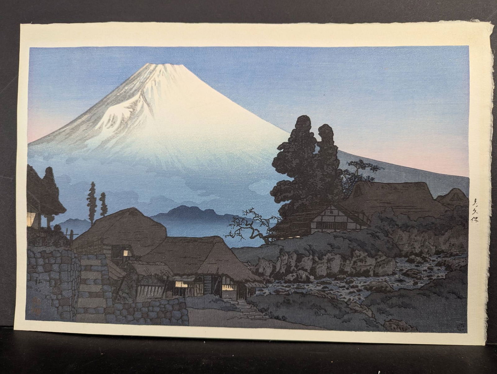 Japanese Woodblock Print Mt Fuji from Mitsukubo by Shotei Takahashi: Japanese woodblock print titled Mt Fuji from Mitsukubo, created circa 1936 by Shotei Takahashi (1871-1945). Shotei Takahashi, also known as Hiroaki Takahashi, was a renowned Shin Hanga artist, a key f
