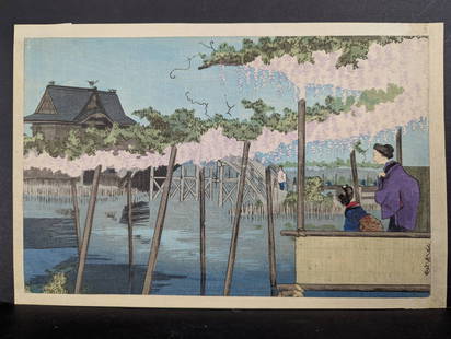 Japanese Woodblock Print Wisteria at Kameido by Kobayashi Kiyochika: Japanese woodblock print titled 'Wisteria at Kameido' from the Famous Views of Tokyo series by Kobayashi Kiyochika (1847-1915). The artwork was created in 1877 and features the scenic depiction of wis
