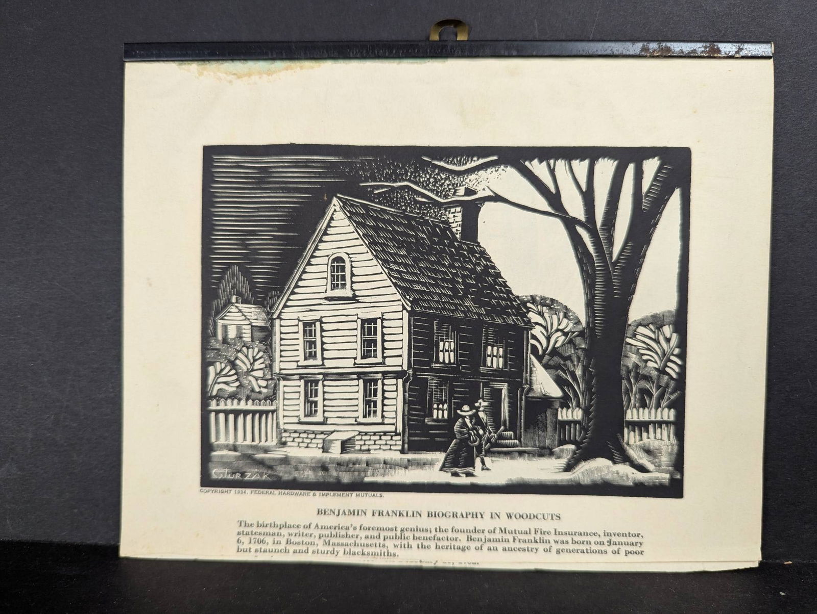 1934 Set of 12 Benjamin Franklin Biography Woodcuts by Charles Turzak: A 1934 set of 12 woodcut illustrations by Charles Turzak, showcasing scenes from the biography of Benjamin Franklin. Each woodcut measures 8 1/2 inches high by 7 inches wide and is accompanied by desc