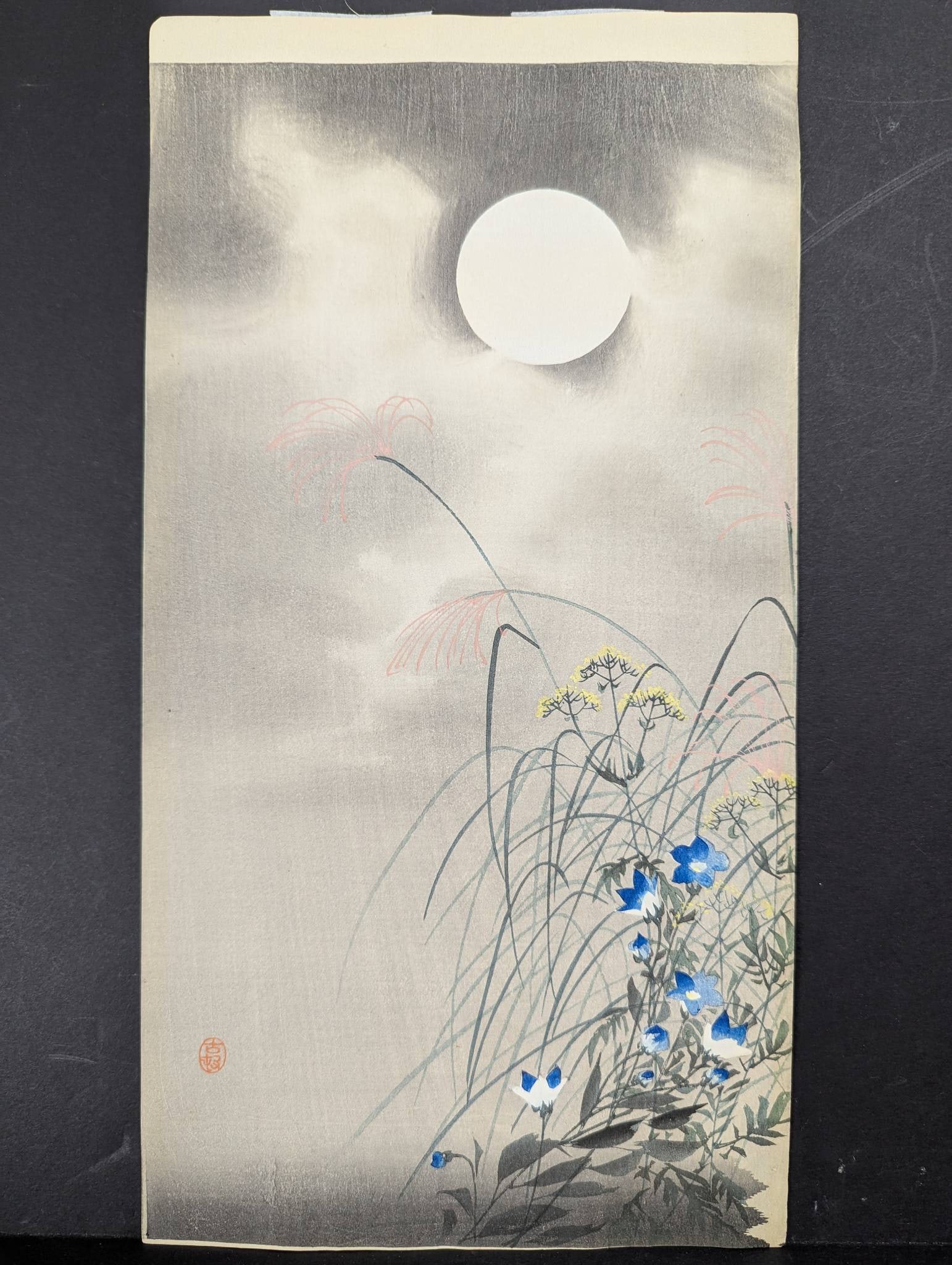 Japanese Woodblock Print by Ohara Koson Depicting Moon and Autumn Grasses: Japanese woodblock print, titled Autumn Grasses Flowers and Moon, created by Ohara Koson (1877â€“1945). Koson was a leading figure in the shin-hanga movement and renowned for his kach