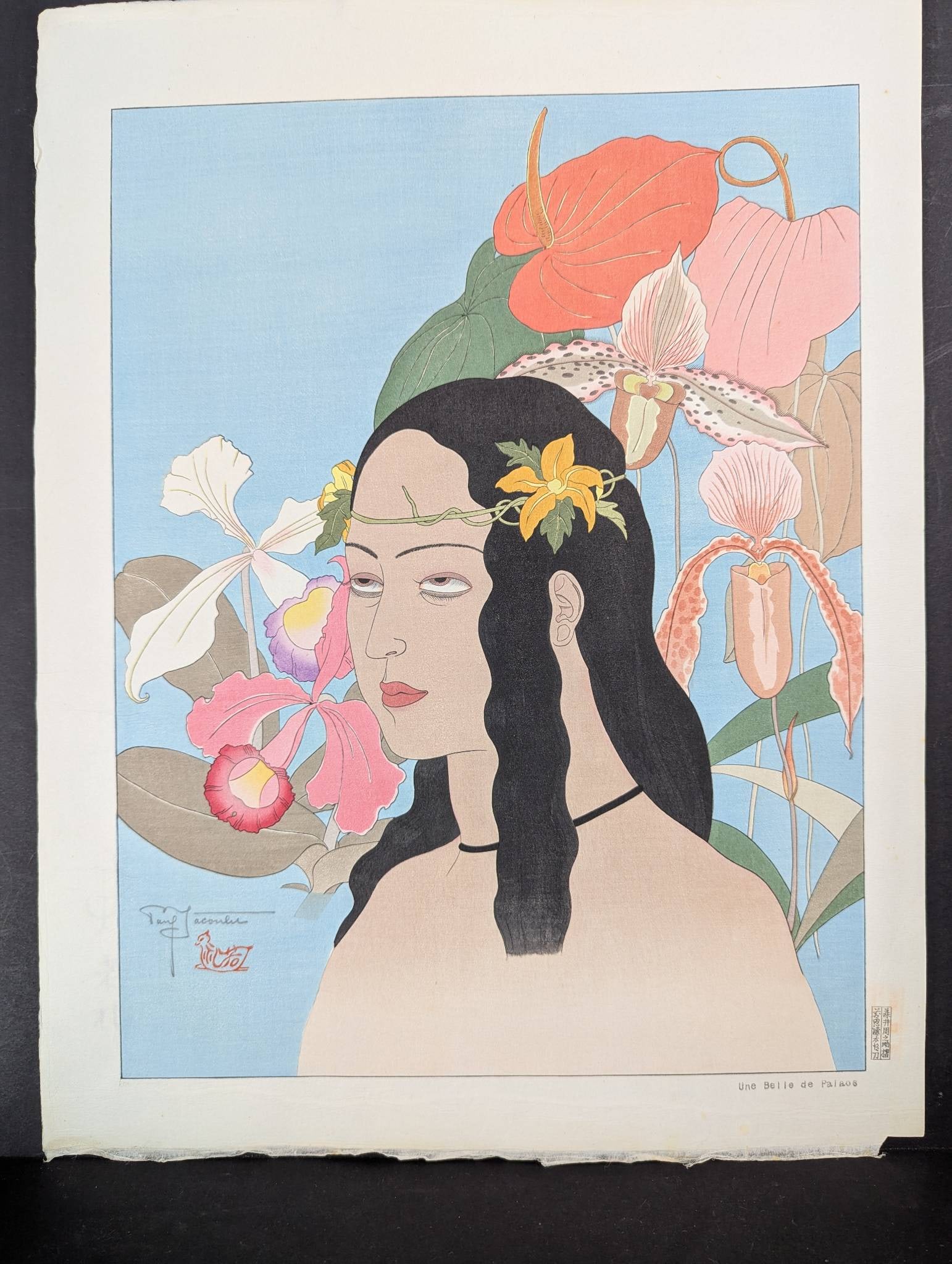 Japanese Woodblock Print Une Belle de Palaos by Paul Jacoulet 1935: Japanese woodblock print titled Une Belle de Palaos, created by French artist Paul Jacoulet in 1935. Jacoulet, born in Paris, spent most of his life in Japan and is celebrated for his masterful woodbl