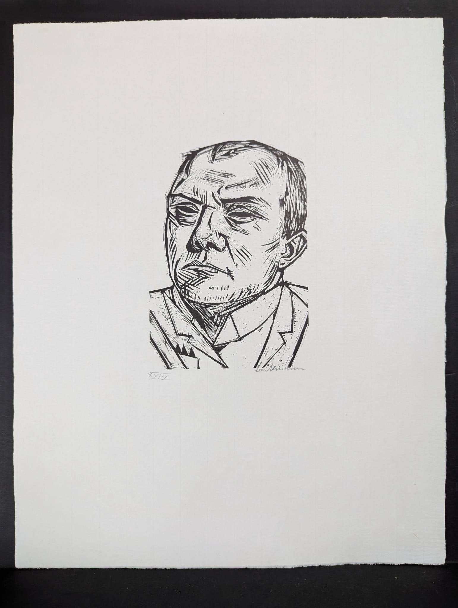 Self-Portrait Woodcut Print by Max Beckmann: Woodcut self-portrait by German Expressionist Max Beckmann. Measuring 17 high, 21 wide, this piece showcases Beckmann's characteristic bold lines and expressive style. Beckmann, a renowned 20th-centur