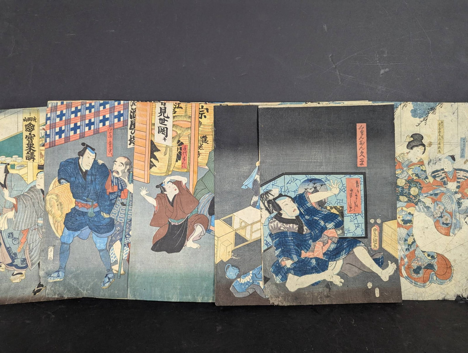 6 Diptych 19th Century Japanese Woodblock Prints by Kunisada II, Toyokuni III, and Kuniyoshi: 6 sets of diptych original Japanese woodblock prints from the 19th century, featuring works by renowned artists Kunisada II, Toyokuni III, and Kuniyoshi. These prints are known for their rich detail a