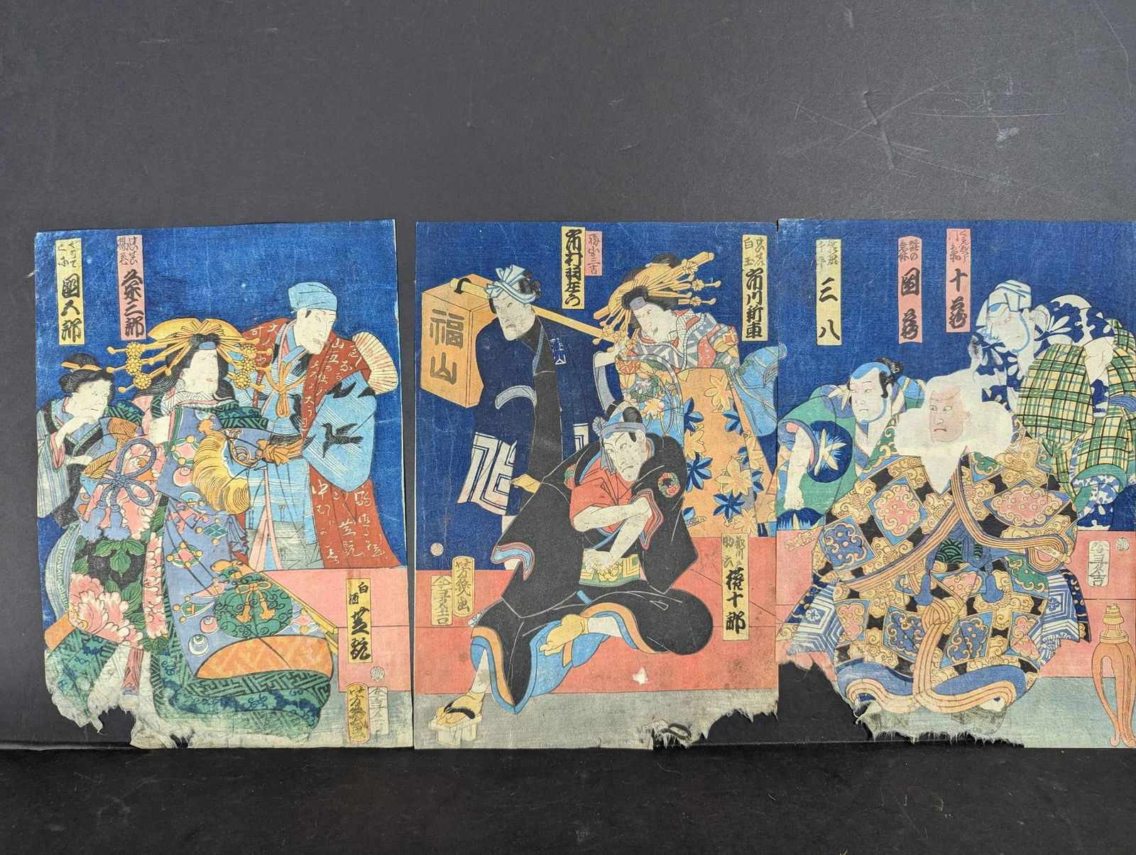 Original 19th Century Japanese Woodblock Print Triptych by Yoshiiku: Original 19th century triptych woodblock print by Utagawa Yoshiiku (1833-1904). Yoshiiku was a renowned Japanese printmaker and illustrator, known for his contributions to the Utagawa school and for c