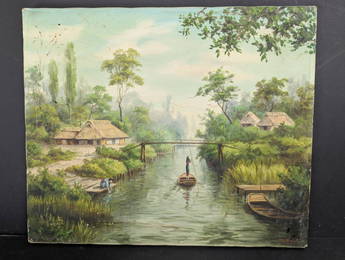 Japanese Landscape Oil Painting Signed by T Saito Depicting River Scene
