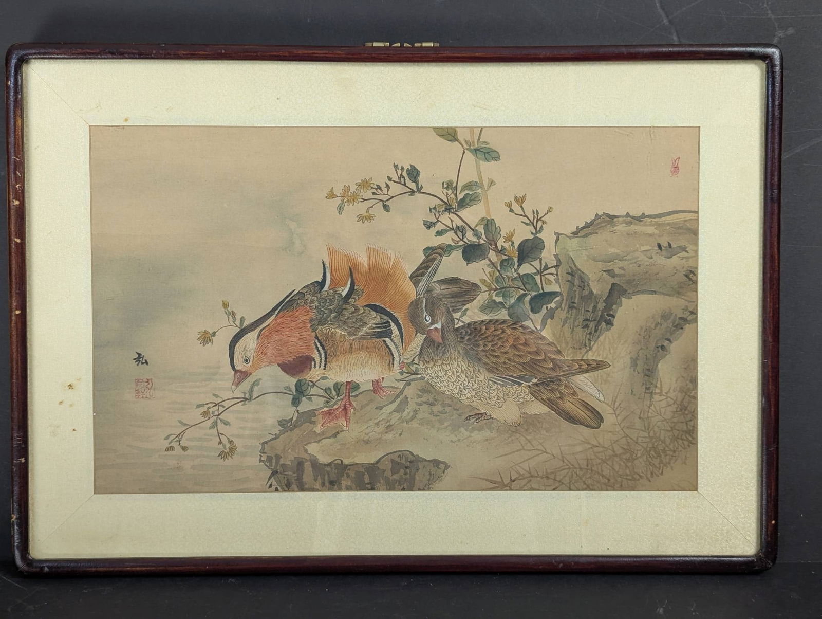 Signed Japanese Watercolor Depicting Mandarin Ducks on a Riverbank (1 of 15)