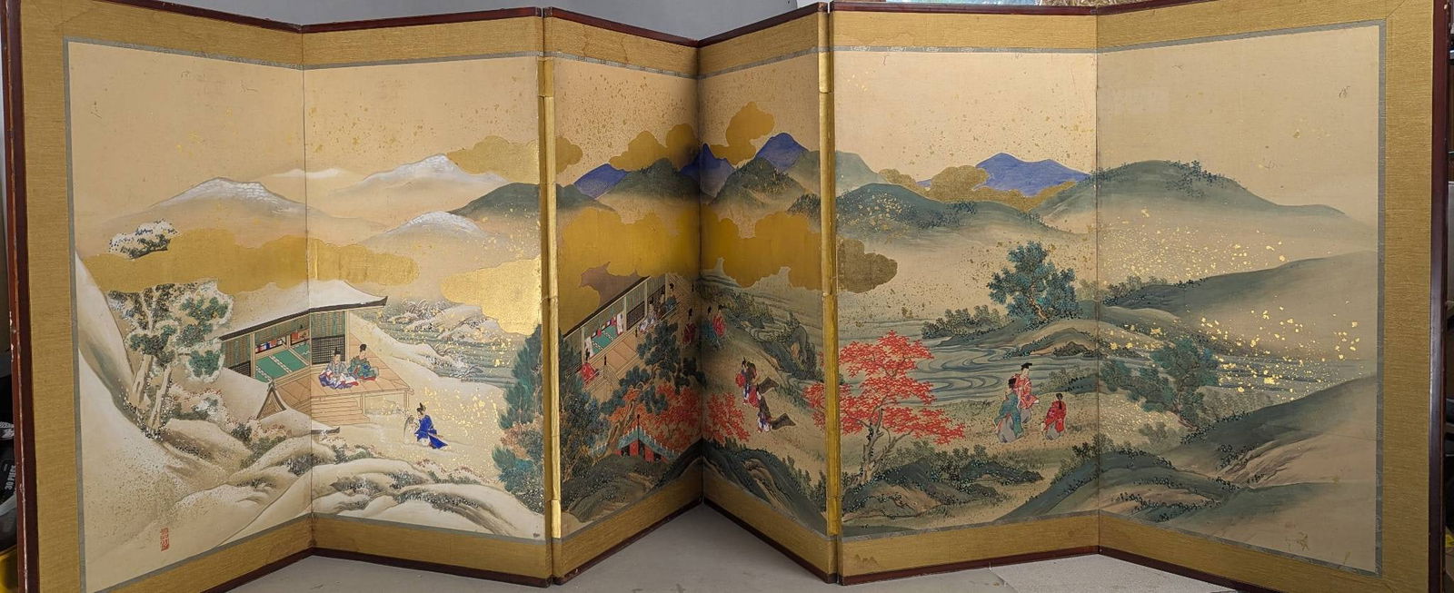Japanese Byobu Folding Screen Depicting Mountainous Landscape with Temple (1 of 11)