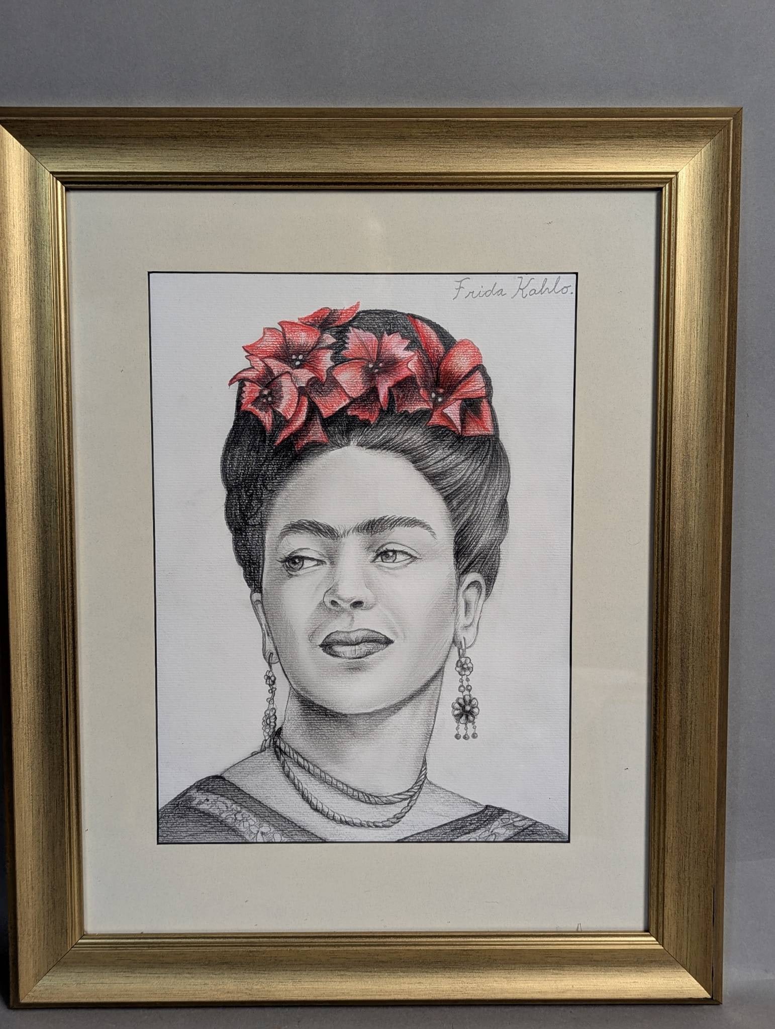 Framed Portrait of Frida Kahlo with Red Flowers in Hair (1 of 8)