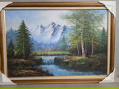 Landscape Oil Painting of Mountains, Trees and Waterfall Signed