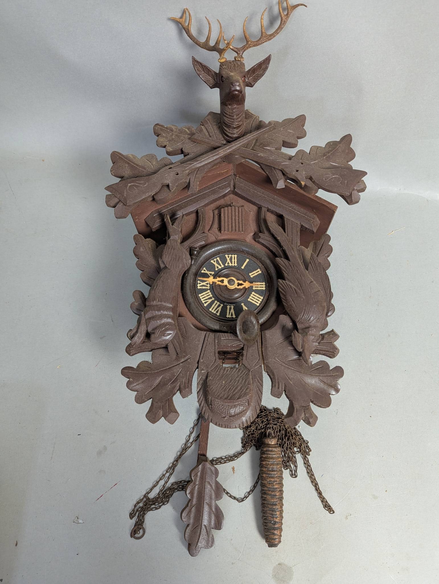 German Black Forest Carved Cuckoo Clock with Stag Motif (1 of 8)