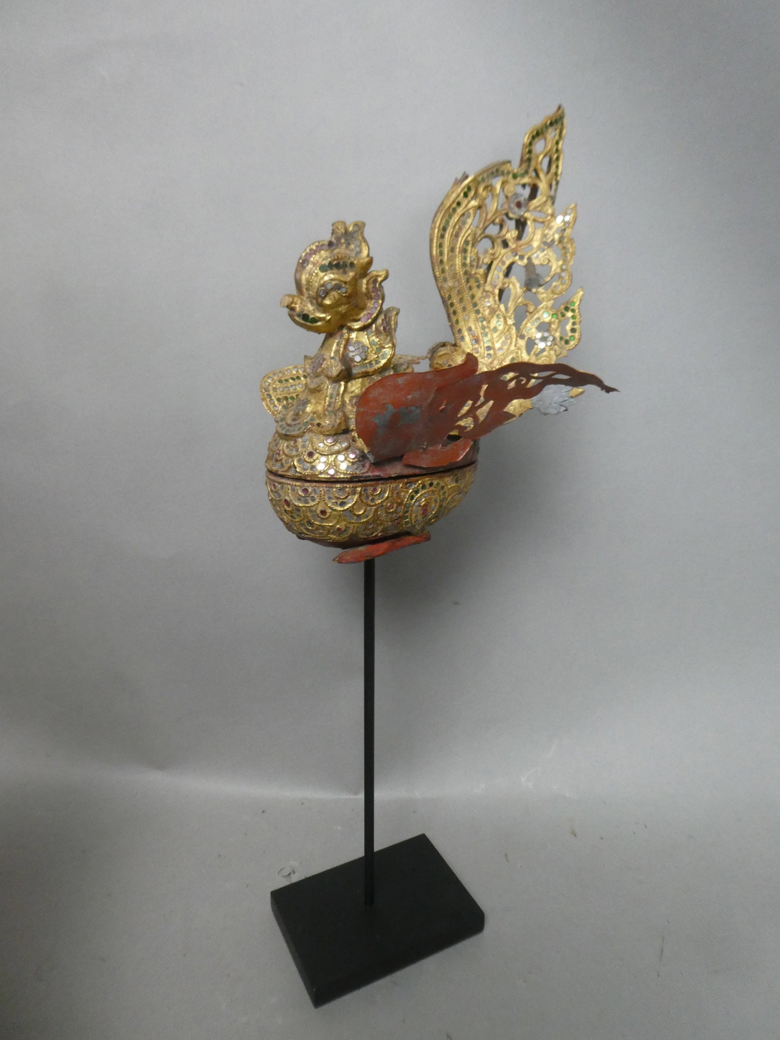 Antique Burmese Thailand Hamsa Oire Bird Wood & Metal Sculpture Box: Antique Burmese Thailand Oire Bird Wood & Metal Sculpture Box on display stand. Hamsa the Divine Goose Has some loss to decorations on metal 103 high x 9 x 9 Shipping: Local pick-up or buyer-arranged 