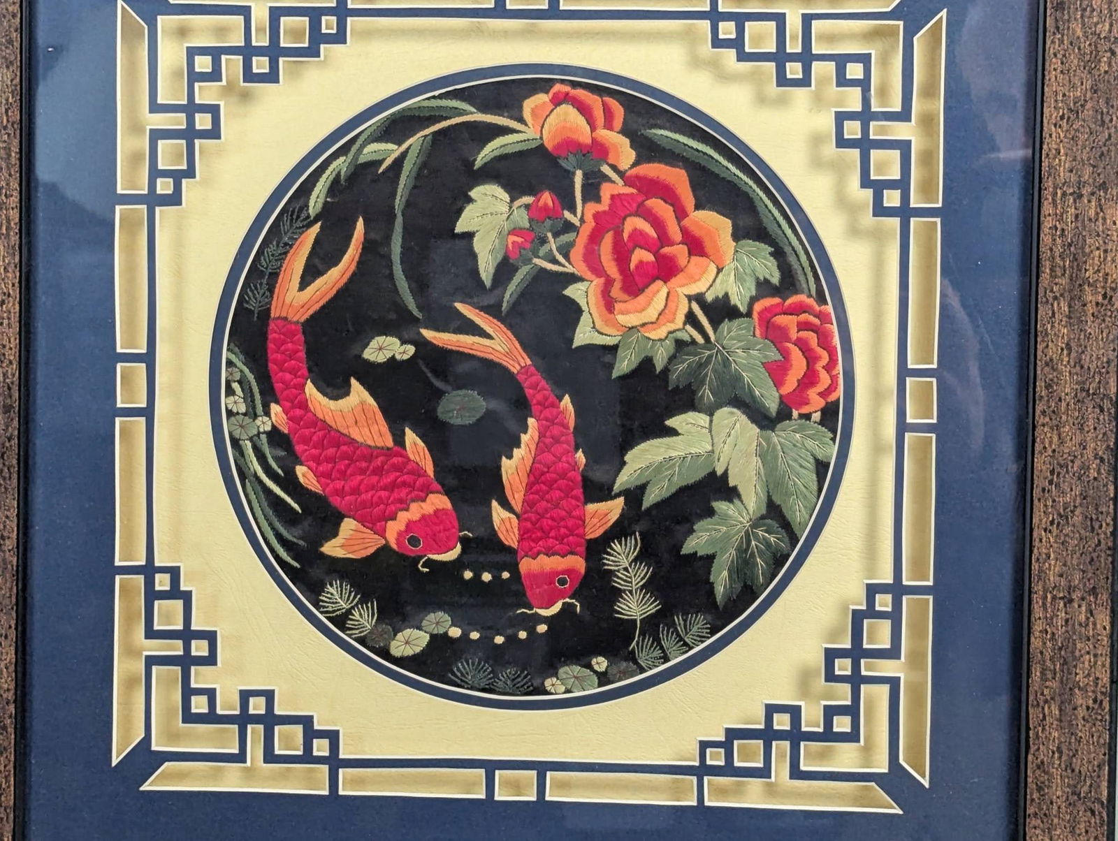 Chinese Silk Embroidery Depicting Koi Fish and Roses Framed Artwork (1 of 7)