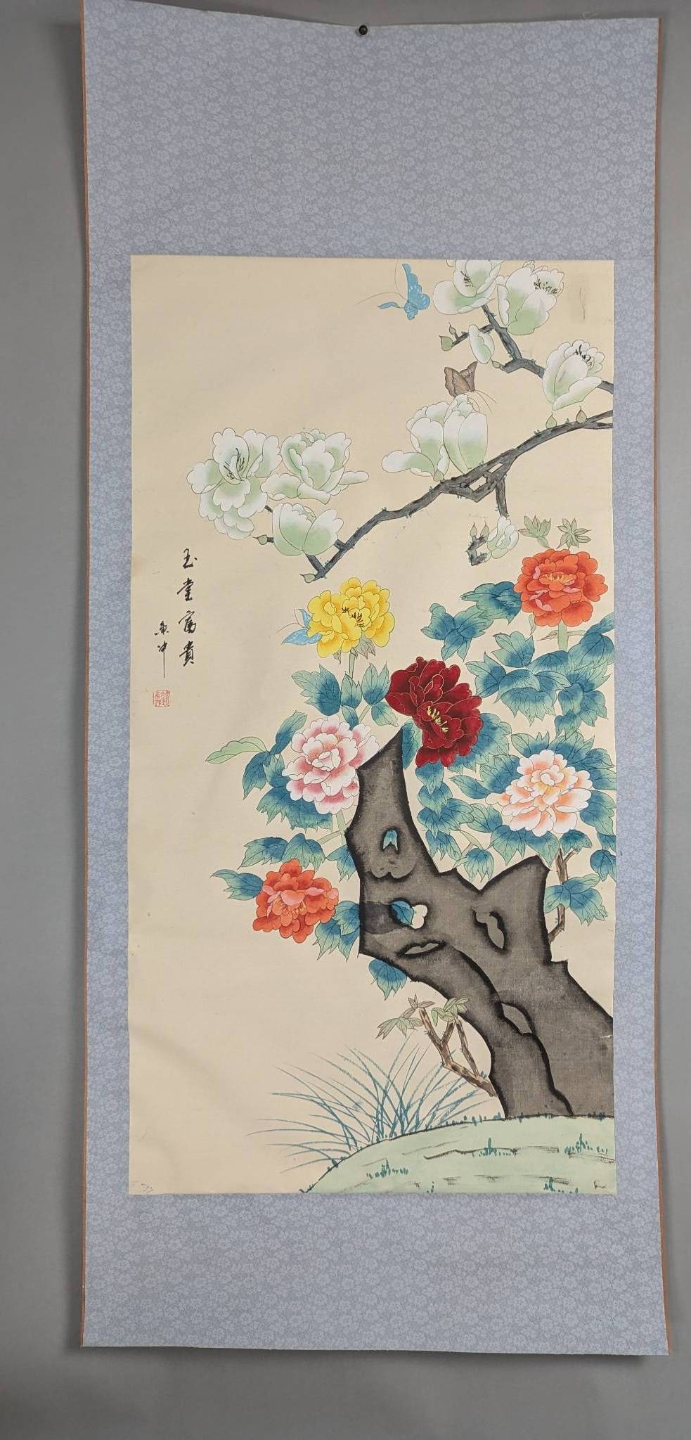 Japanese Hanging Scroll Painting of Peony and Butterfly in Ink and Color (1 of 10)