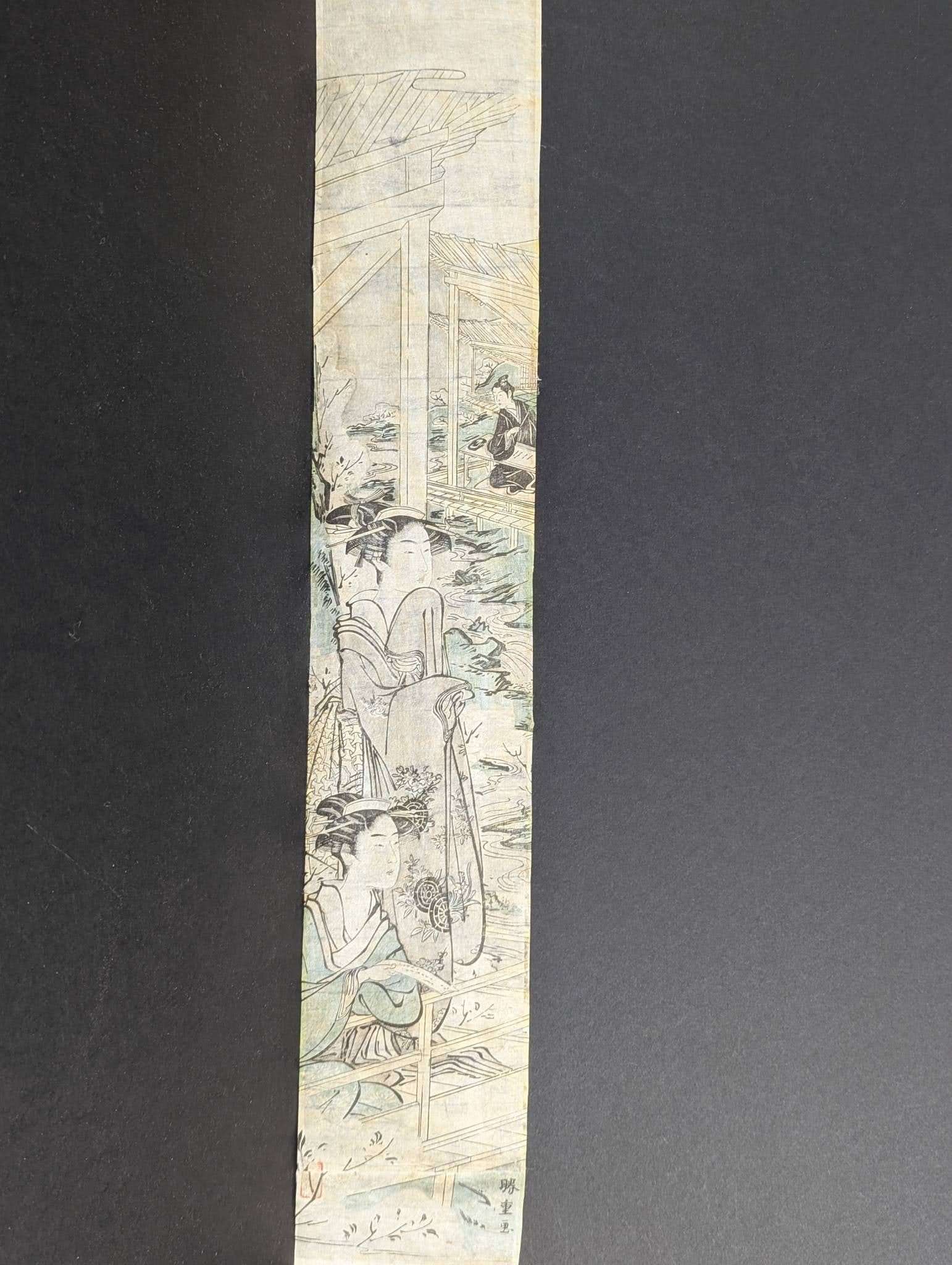 Japanese Woodblock Print by Eisen Keisai Depicting Figures in an Outdoor Scene. Original 19th Centu: A Japanese woodblock print by Eisen Keisai, also known as Keisai Eisen (1790-1848). Eisen was a notable ukiyo-e artist during the late Edo period recognized for his bijin-ga (paintings of beautiful wo