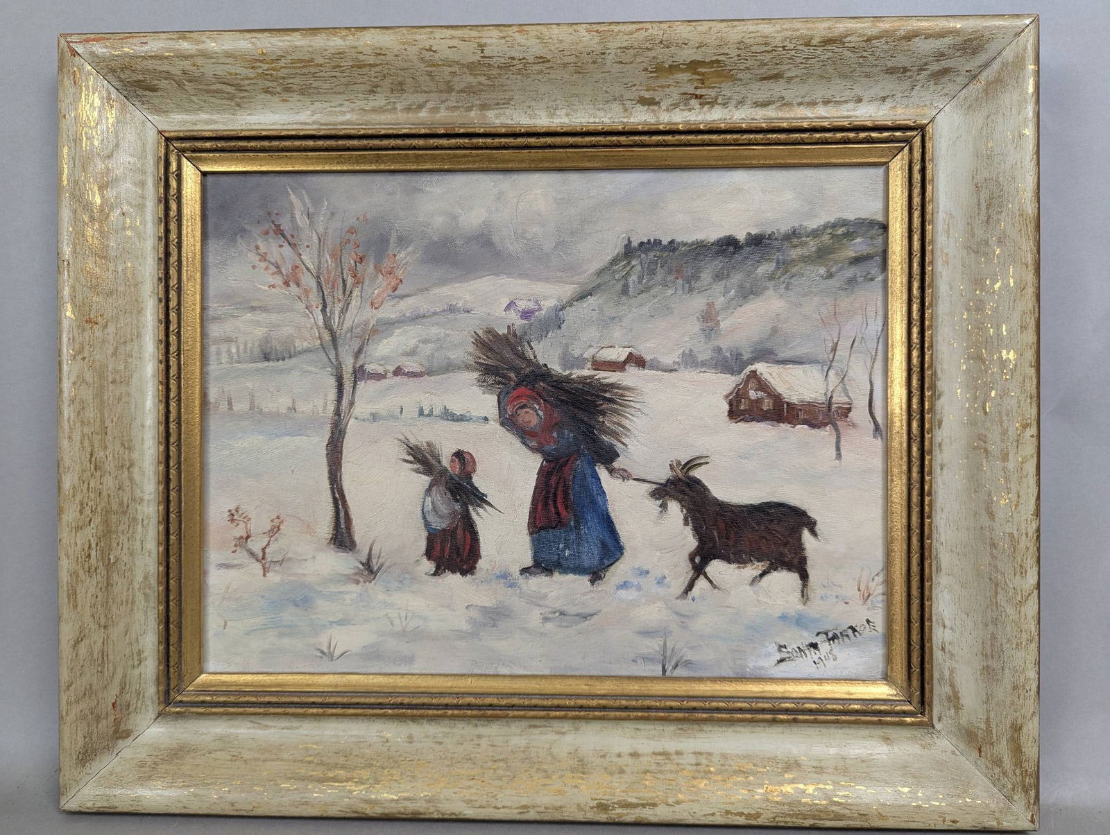 Folk Art Winter Scene Painting by Sonya Tarkoe Signed 1948 (1 of 12)