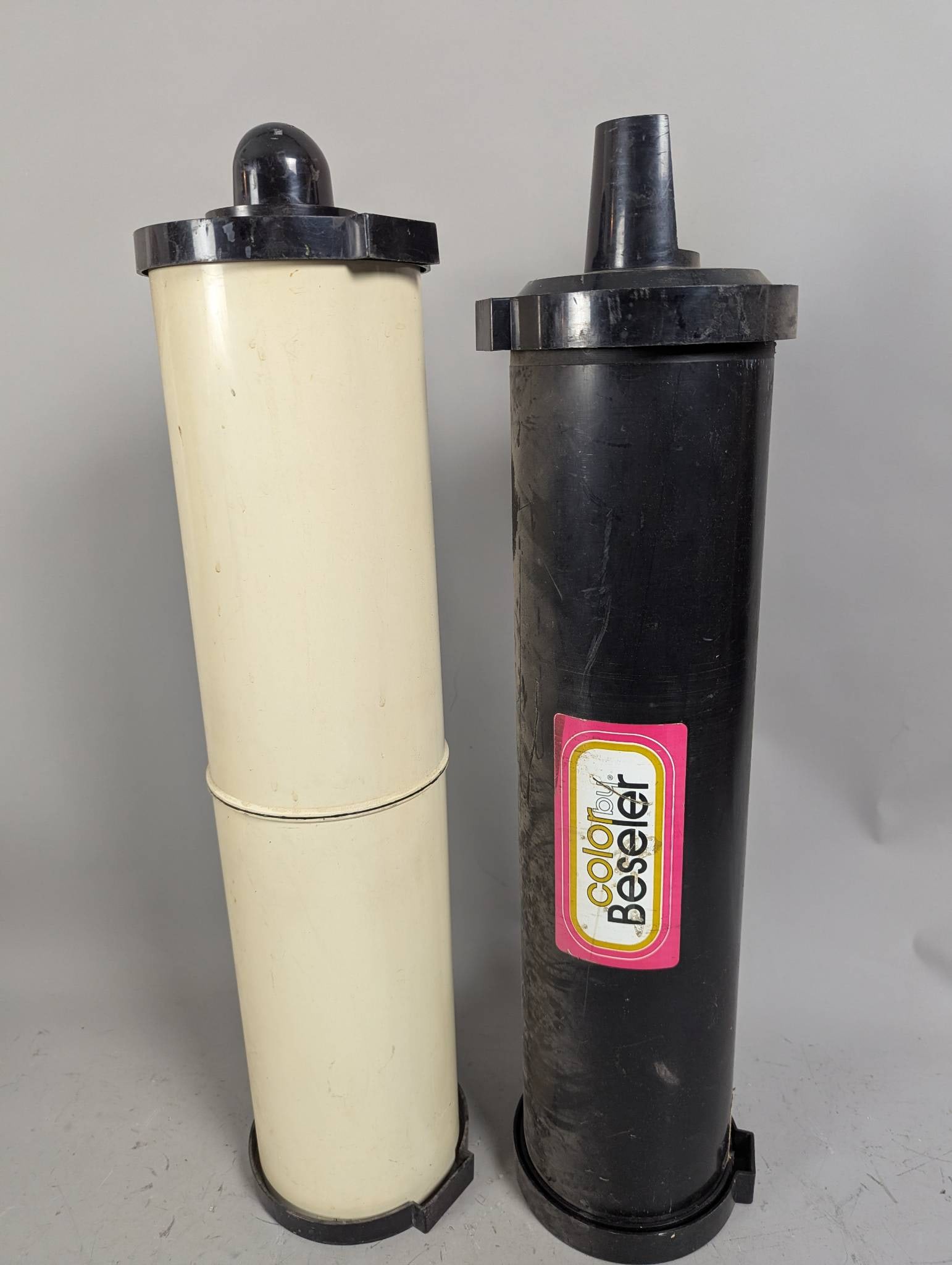 Photo Enlarger Processor Drums by Beseler and Unicolor: Fresh estate find. Pair of photo enlarger processor drums by Beseler and Unicolor. Each measures 6 inches in diameter and 27 inches long. Constructed with durable materials for darkroom processing tas