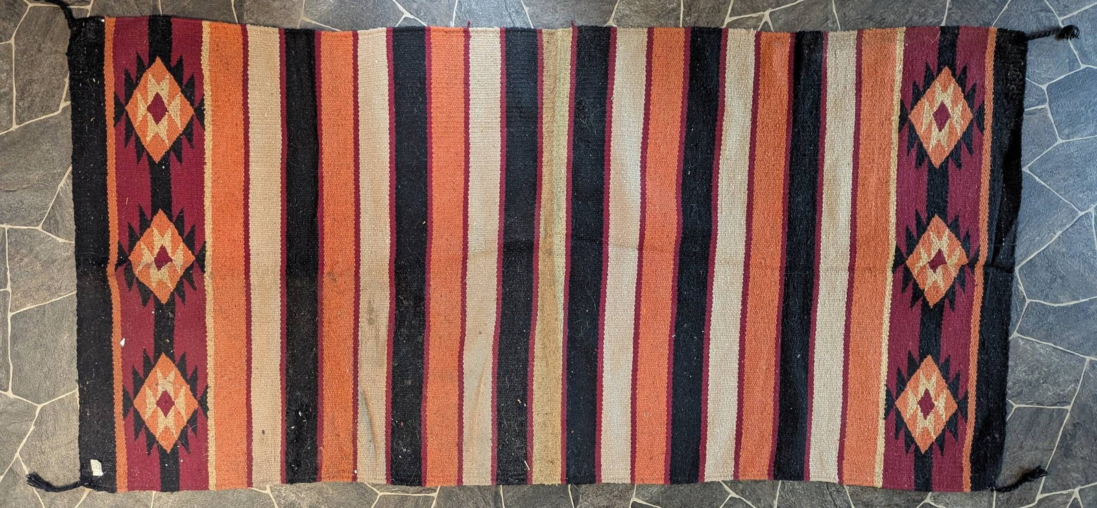 Shahsavan Persian Kilim Tribal Rug with Striped and Geometric Design: A vintage Shahsavan Persian Kilim tribal rug featuring a striped and geometric design. The rug measures 30 1/32 inches high by 60 1/2 inches wide. It is made of 70 percent acrylic and 30 percent polye