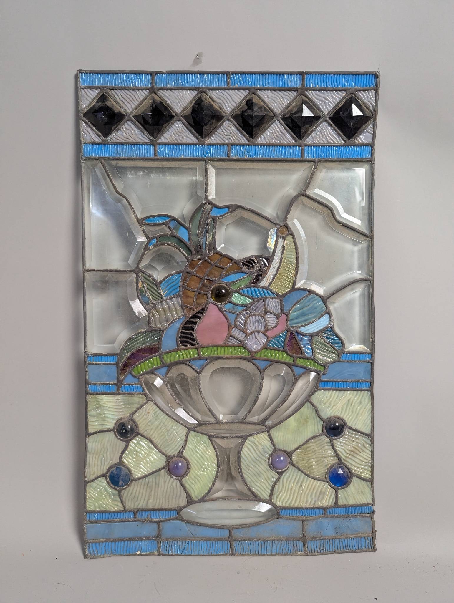 Multicolored Leaded Stained Glass Panel Depicting Fruit in a Bowl w/ Jewels (1 of 10)