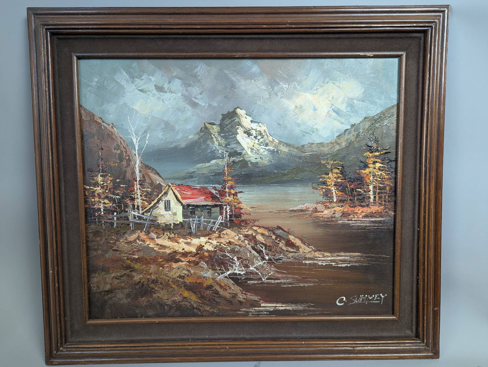 Landscape Painting by Charles C Summey Depicting Cabin with Mountains (1 of 15)