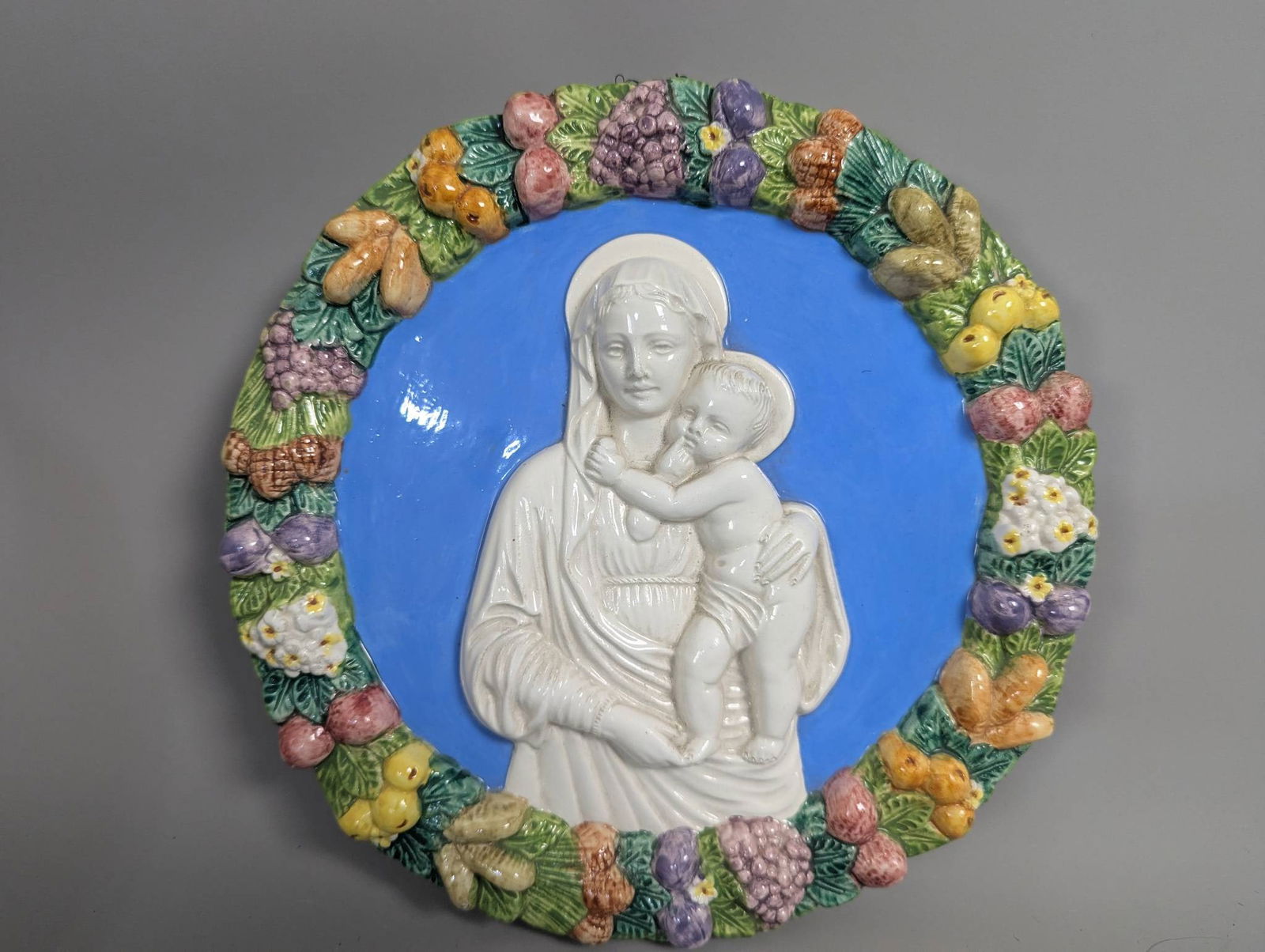 Della Robbia-Style Glazed Terracotta Plaque Depicting Madonna and Child (1 of 7)