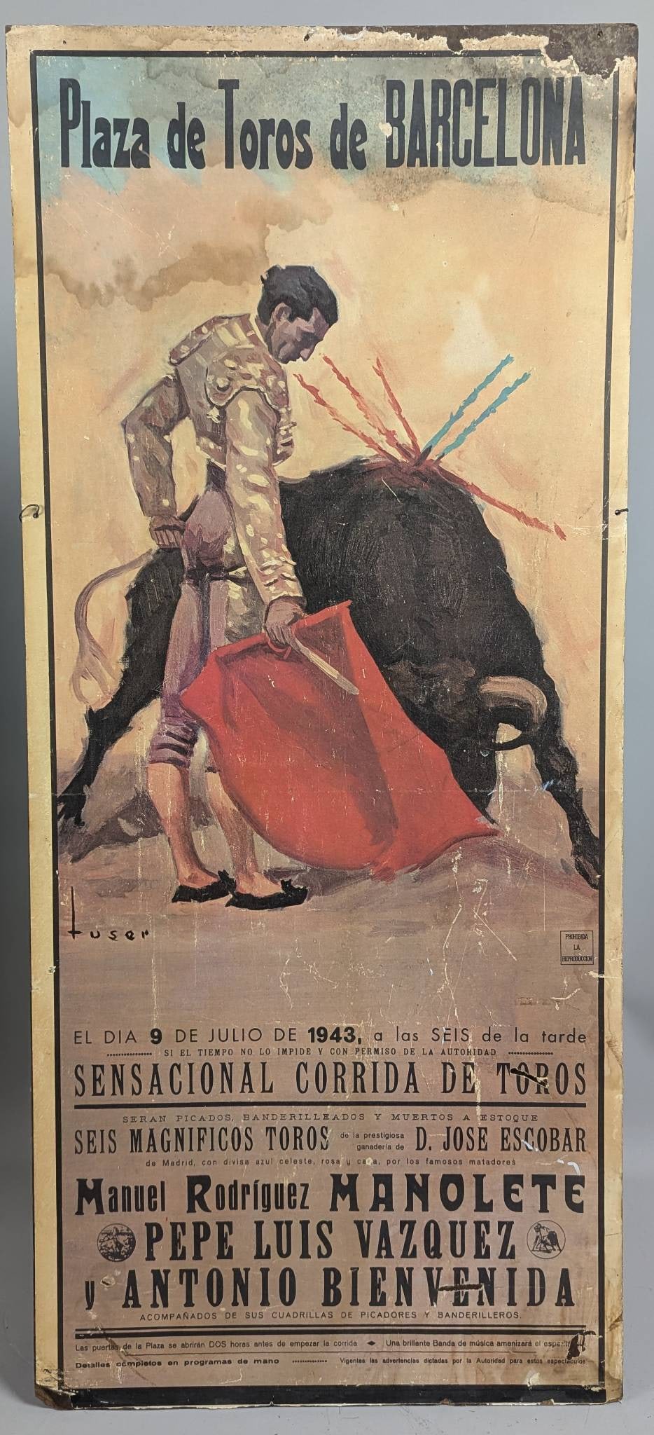 Vintage 1943 Plaza de Toros de Barcelona Bullfighting Poster: A vintage 1943 bullfighting poster from Plaza de Toros de Barcelona, advertising a Sensational Bullfight held on July 9, 1943. The event featured famous matadors Manuel Rodriguez Manolete, Pepe Luis V