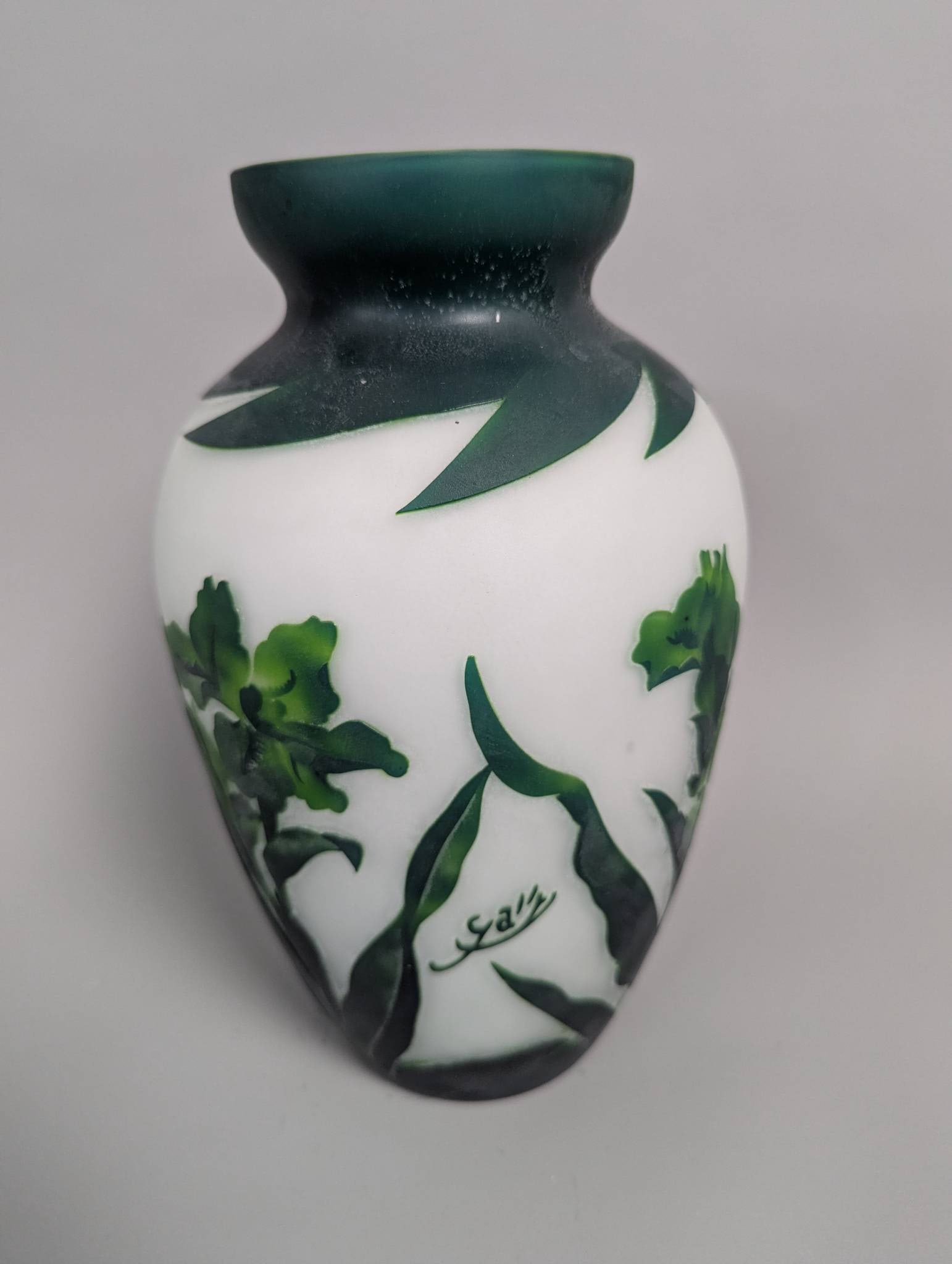 Reproduction Galle Cameo Glass Vase with Green Floral Design (1 of 5)