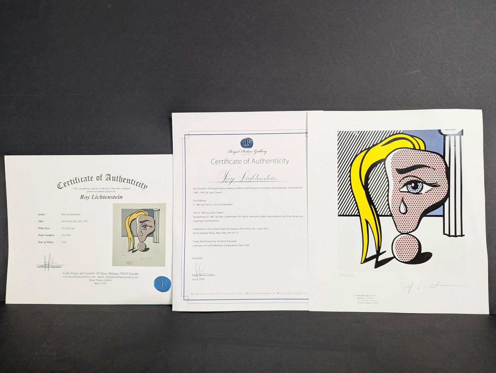 Roy Lichtenstein Girl With Tear III Signed Limited Edition Print: Signed limited edition print titled Girl With Tear III by renowned American pop artist Roy Lichtenstein. This piece is numbered 074 of 200 and created in 1977. The print is executed using the serigrap