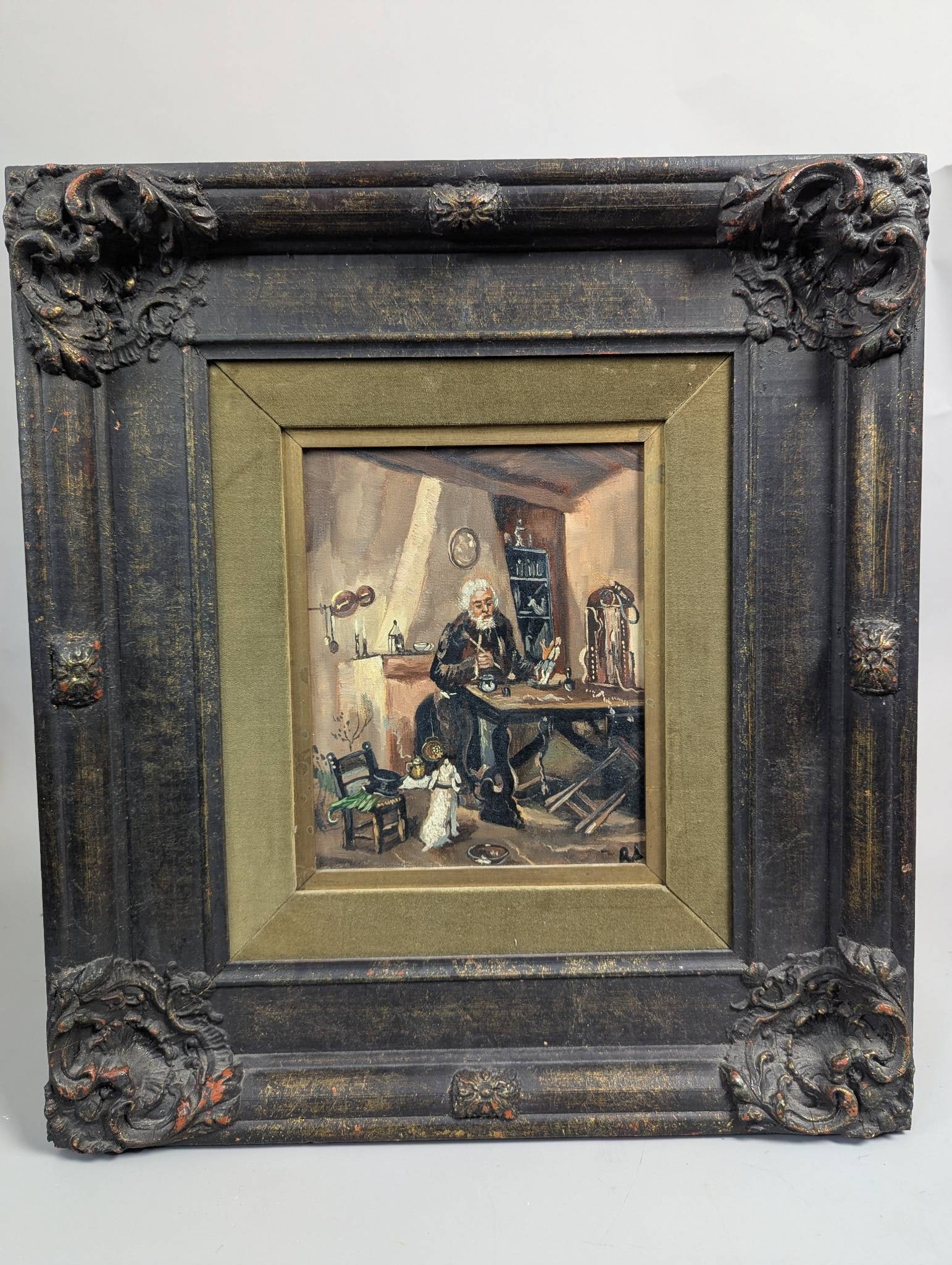 Framed Painting of Interior Scene with Rabbi, Initialed RS (1 of 12)