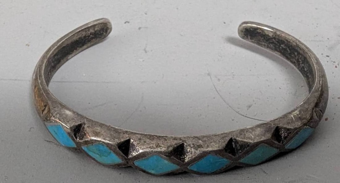 Native American Sterling Silver Cuff Bracelet with Turquoise Insets (1 of 5)