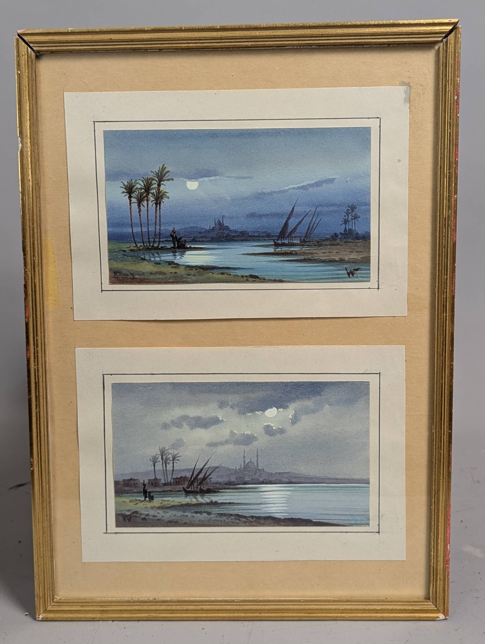 Edwin Lord Weeks Pair Framed Nocturnal Egyptian Watercolor Scenes (1 of 10)