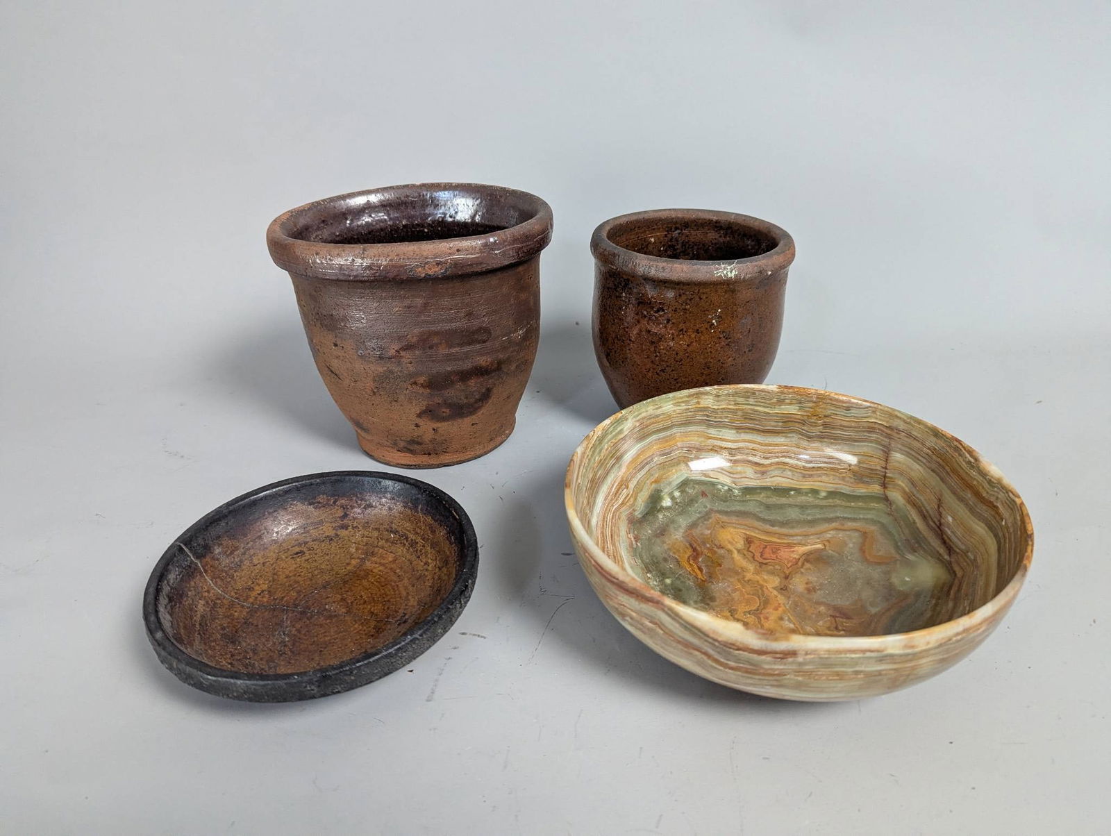 Four Vintage Brown Pottery and Polished Stone Vase and Bowls (1 of 9)