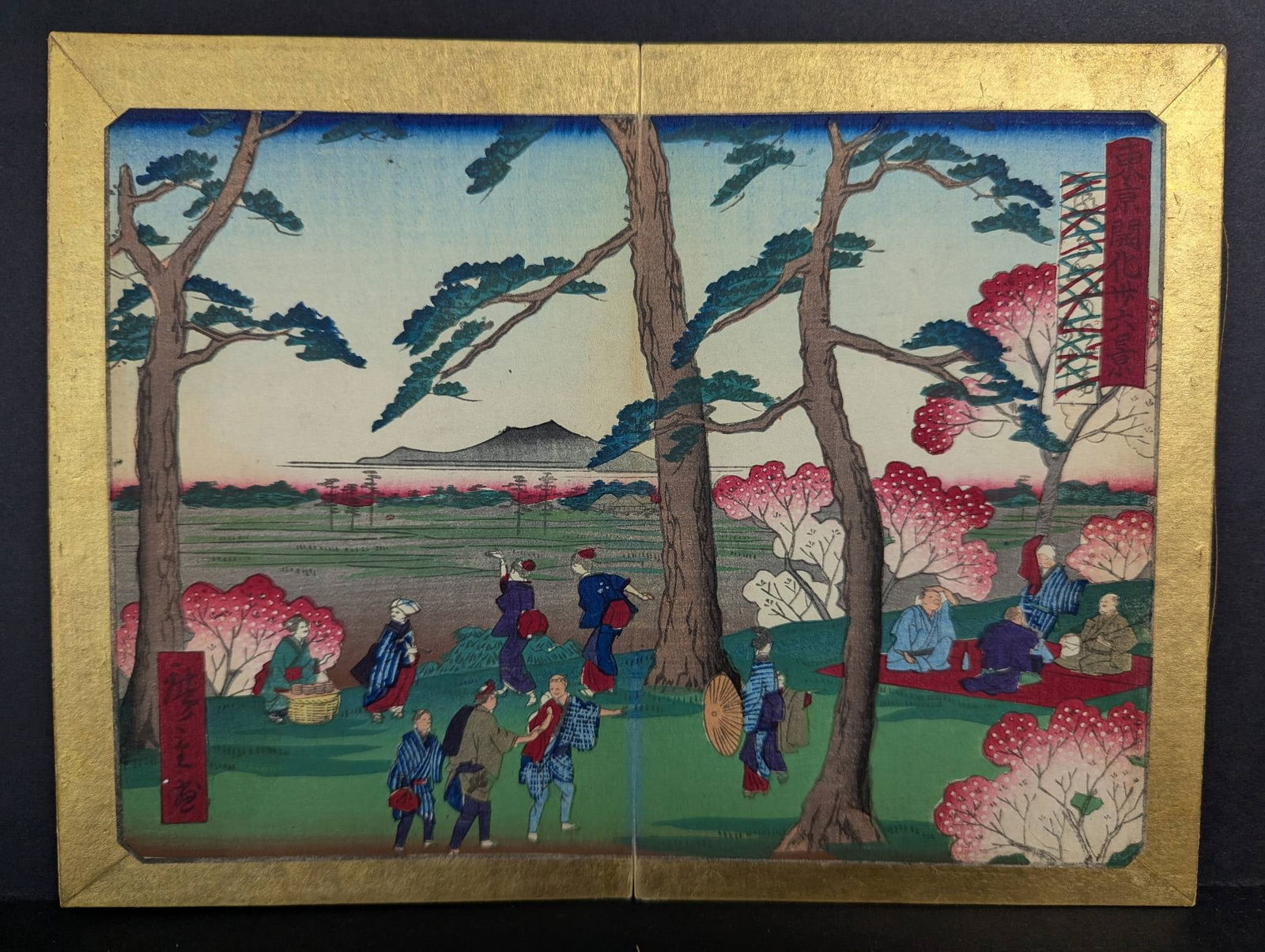 Japanese Woodblock Print by Ando Hiroshige IIIÂ 1843 to 1894: Japanese woodblock print by Hiroshige III Ando, active from 1843 to 1894. The print, titled Cherry Blossoms and Fuji, is from the series Thirty-six Views of Modern Tokyo and dates to 1874. The image d