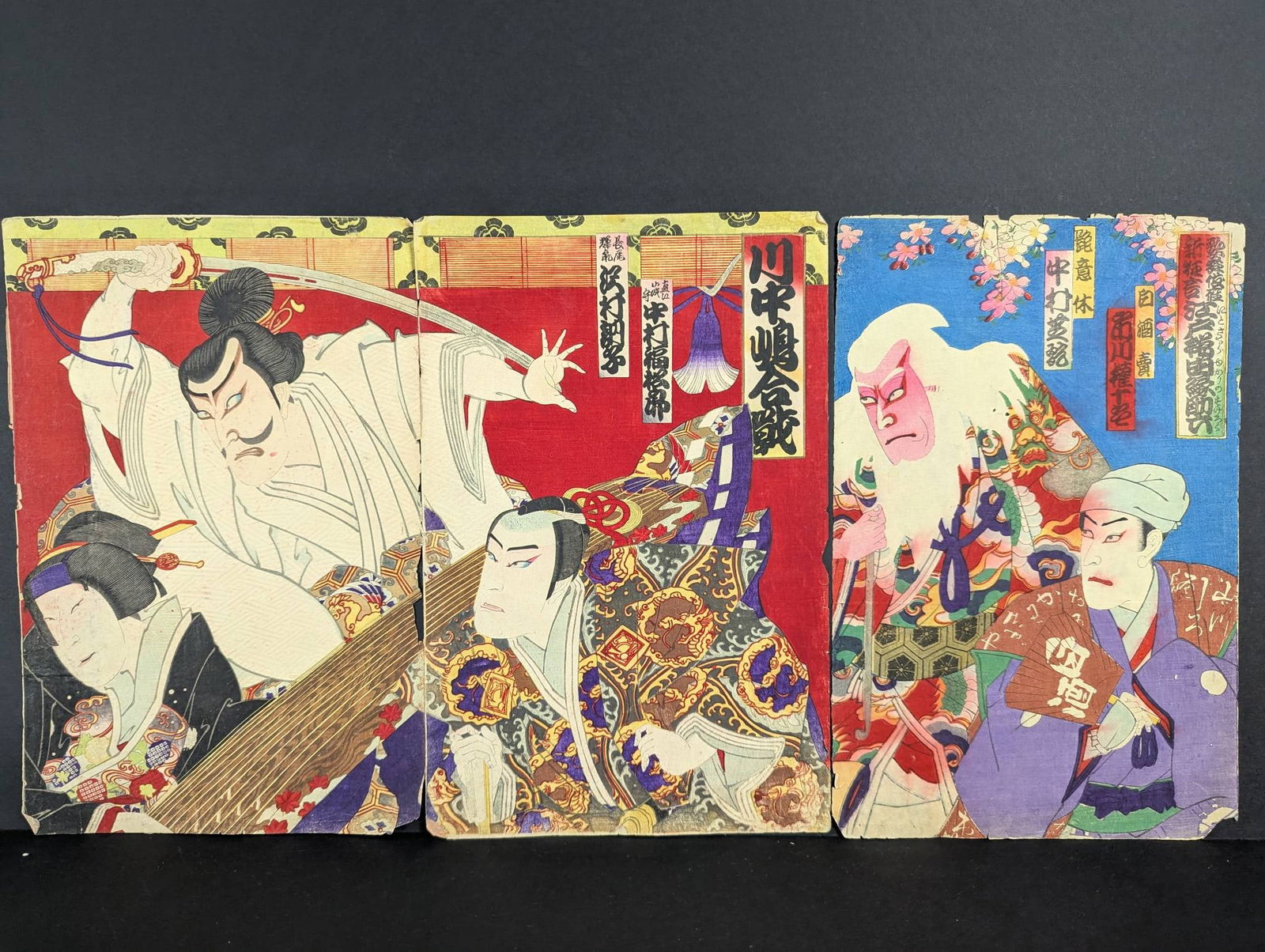 Meiji Era Japanese Woodblock Print Triptych Depicting Samurai Figures: A Meiji era Japanese woodblock print triptych featuring dramatic samurai scenes. The intricate composition includes finely detailed characters displaying expressive features and traditional attire. Vi
