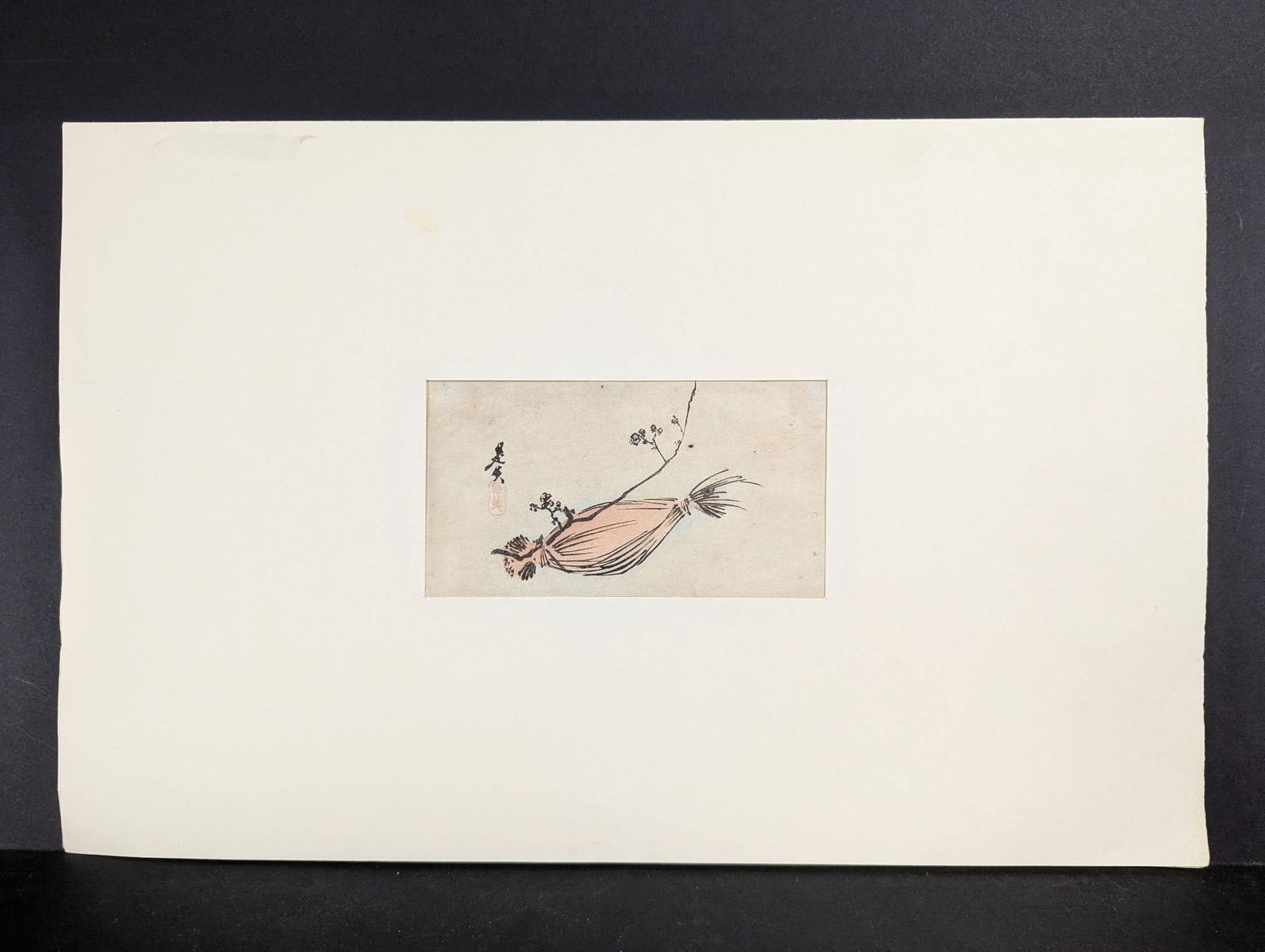 Japanese Woodblock Print by Zeshin Depicting Radish with Blossoms: Japanese woodblock print by Zeshin depicting a radish with blossoms. The paper measures 17 inches high by 11 inches wide, with the image itself being 7 inches high by 3 1/2 inches wide. The print show