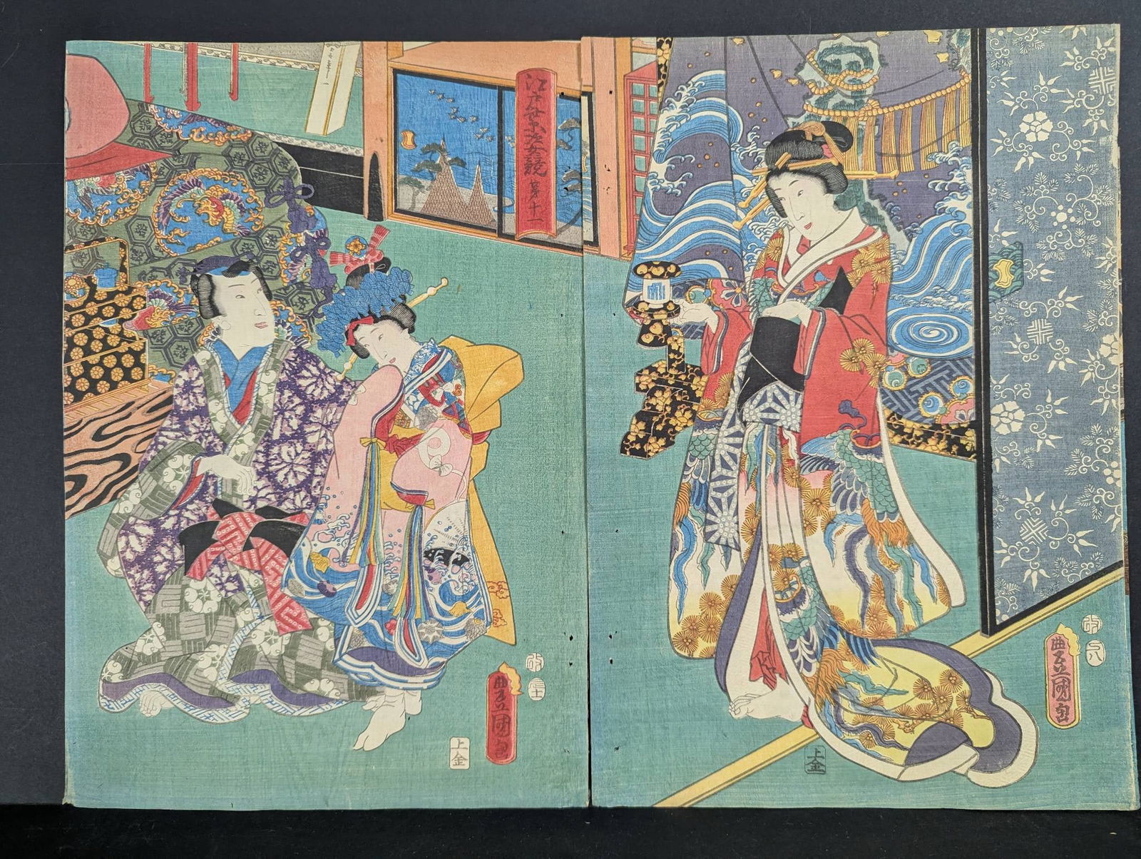 Japanese Woodblock Print by Toyokuni III Depicting Elegant Figures: Original 19th-century Japanese woodblock print by Toyokuni III, also known as Utagawa Kunisada. The piece is a diptych featuring elaborately dressed figures in a refined interior setting, rendered wit