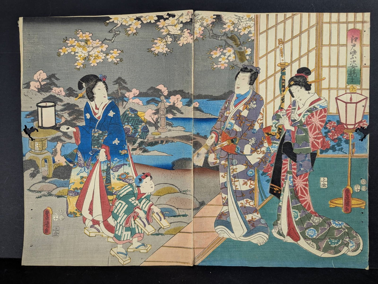 Original 19th Century Japanese Woodblock Print Diptych by Toyokuni: Original 19th-century Japanese woodblock print diptych attributed to Toyokuni. This artwork depicts elegantly dressed figures in a vibrant garden setting with blossoming cherry trees and traditional a