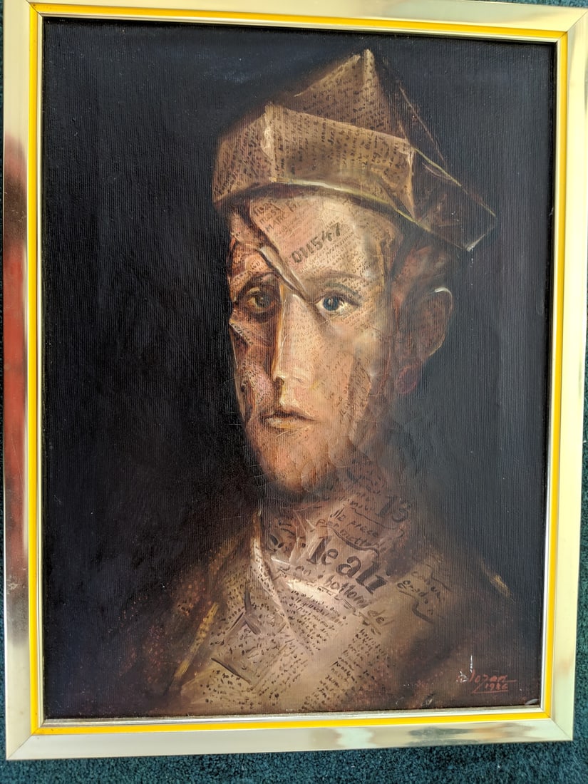 1986 Semproniu Iclozan Abstract Male Portrait Oil Paint: Framed oil on canvas painting of the Rome abstract figure by listed artist Semproniu Iclozan (born 1938) Have more Iclozan also up for auction Has craquelure and little paint overspray by signature 13