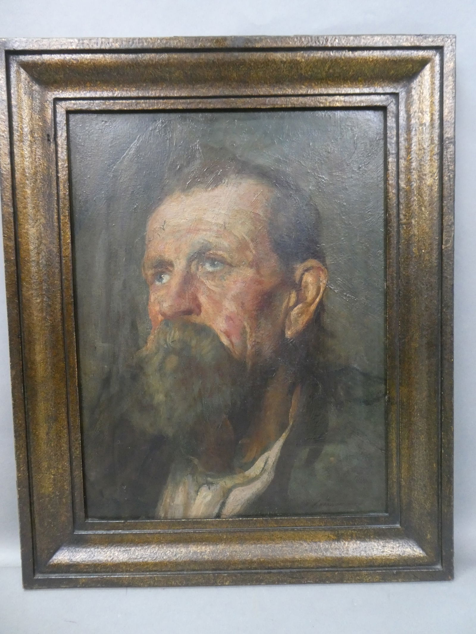 Signed Portrait of Bearded Man Oil Painting: Signed Portrait of Bearded Man Oil Painting on board in frame. Signed lower right but cannot make it out Has couple paint chips in forehead and touch up lower left 18 x 22, image: 13 1/2 x 17 1/2 Ship