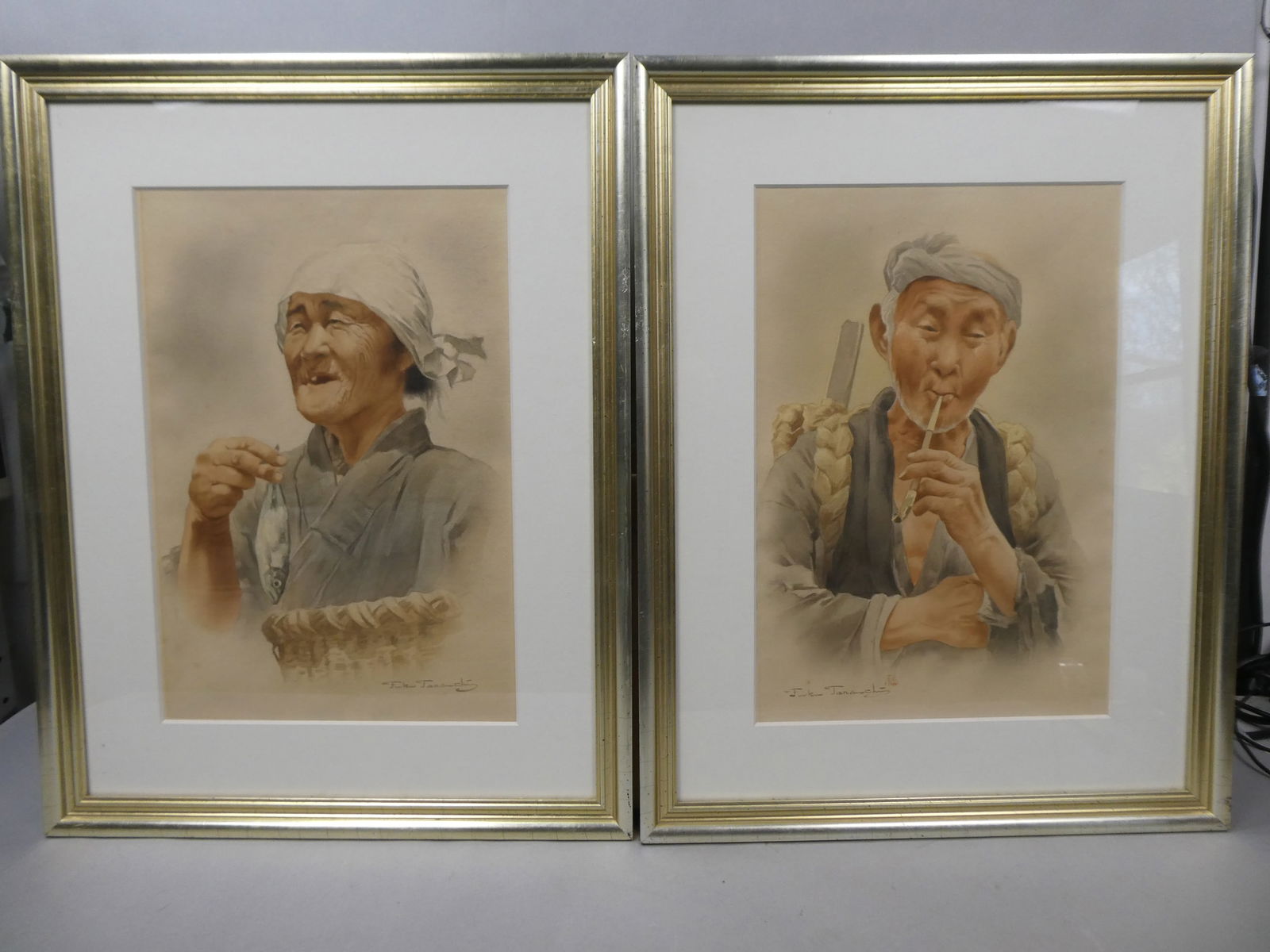 Pair Fukutaro Tarauchi Japanese Watercolor Paintings (1 of 16)